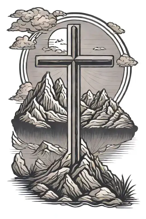 simple cross with mountains that says Jesus saves tattoo design idea