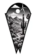 3 triangles and palm springs desert mountains and windmills and cactus and a sequoia tree tattoo design idea