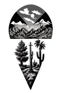 3 triangles and palm springs desert mountains and windmills and cactus and a sequoia tree tattoo design idea