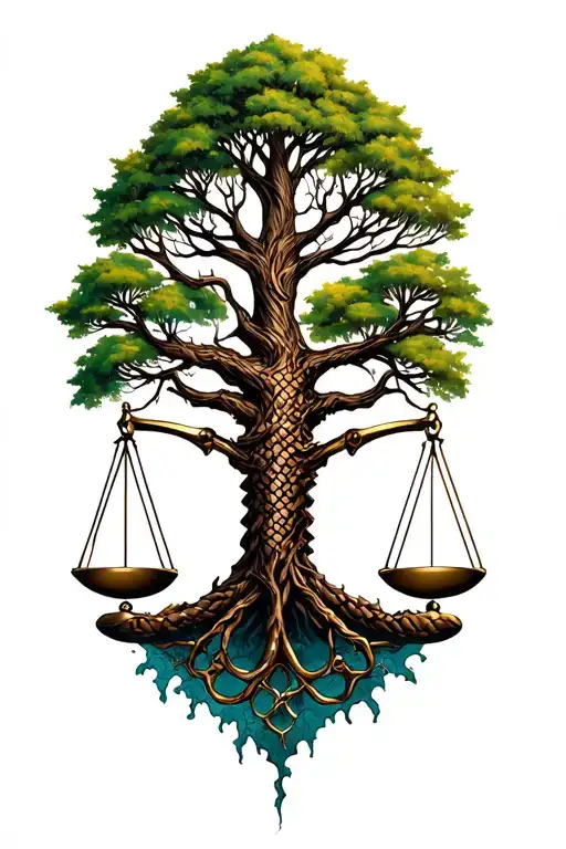 tree of life, knucklehead engine, libra scales intertwined tattoo design idea