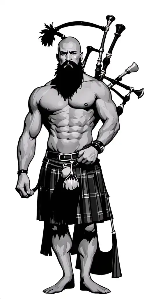 shirtless muscular bagpiper bald black beard tattoo design idea