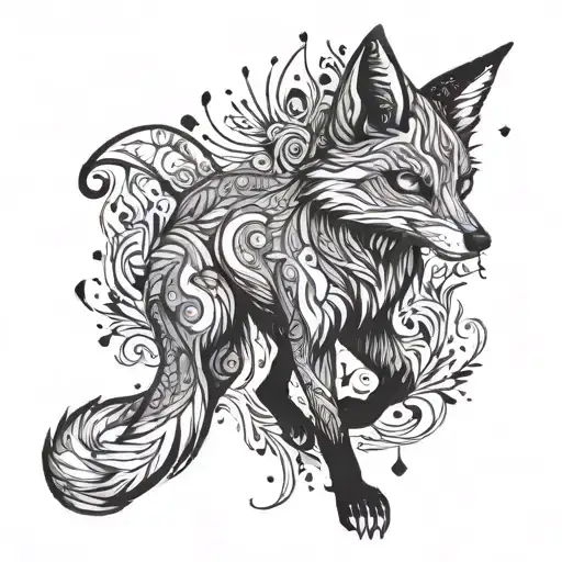 a minimalistic full body blacked out fox with a big tail and multiple eyes on it's body tattoo design idea