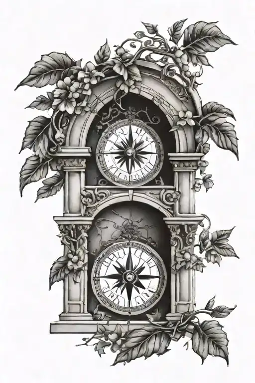 Roman arch monument with wrapping vine and compass, and stars behind the arch tattoo design idea