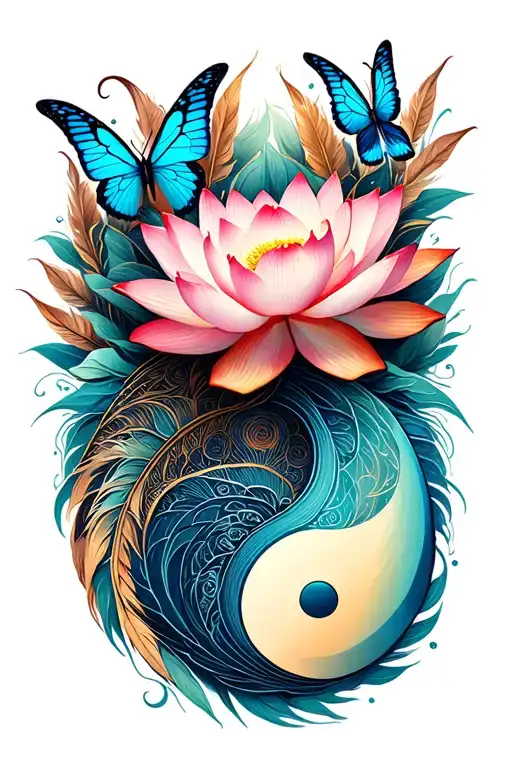 yin and yang,lotus flower,mandala,butterfly,geomatric pattern,feather tattoo design idea
