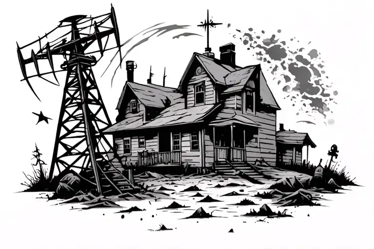 post apocalyptic horror with radio tower tattoo design idea