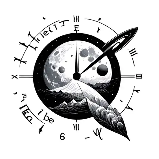 Outer space object like moon or planet,time reference a dial, use words "let it be", relaxing human, ocean, mountains tattoo design idea