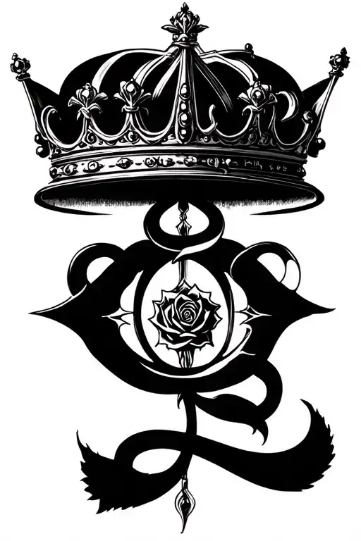 double infiniti symbol, above it a text saying Her King, above it a crown, above it a rose. All of those with shadows tattoo design idea
