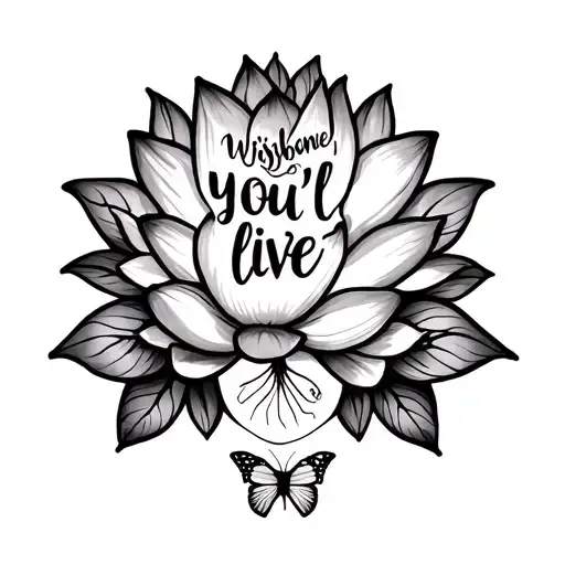 wishbone, you'll live text, butterflies, lotus flower tattoo design idea