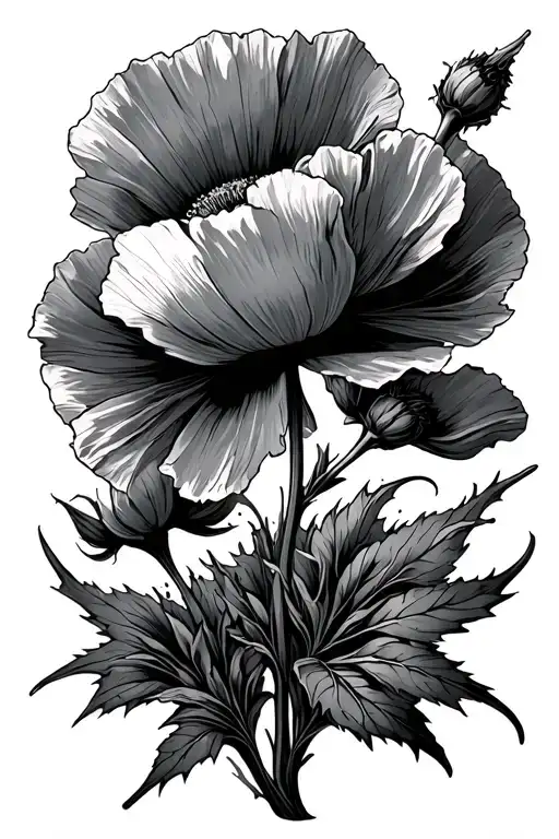 Poppy's young and fully grown with stems and leaves surrounding a bayonet with straight line explosion effect  tattoo design idea