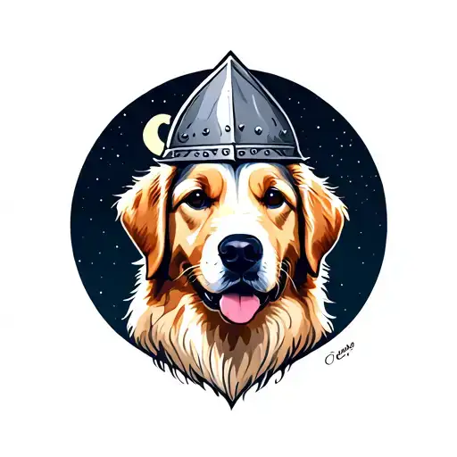 Golden Retriever puppy head wear a knight hat with the moon behind  tattoo design idea