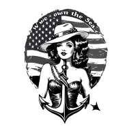 distressed American flag with anchor and pinup girl with saying "we own the Sea" in black for shoulder tattoo design idea