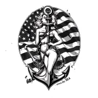 distressed American flag with anchor and pinup girl with saying "we own the Sea" in black for shoulder tattoo design idea