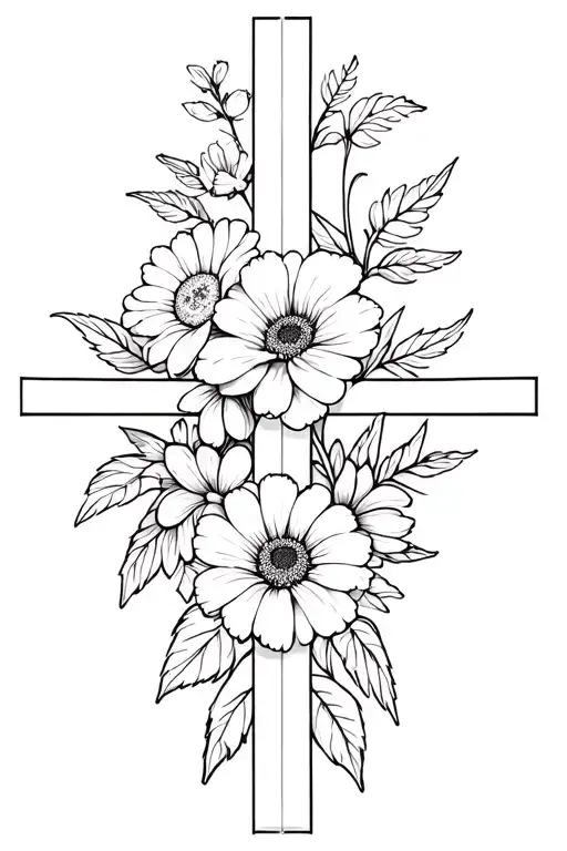 hydrangea gerbera daisy hibiscus pansys and peony's in a cross shape with the cross visible make it all fineline tattoos tattoo design idea