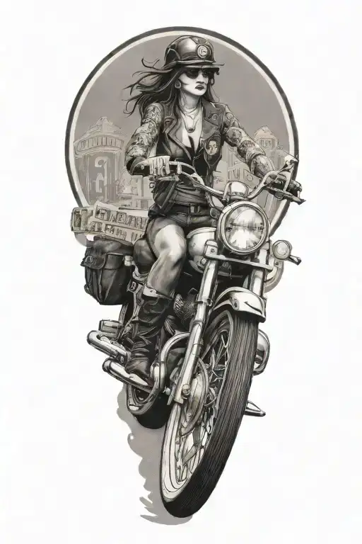 A black and grey tattoo of a woman riding a vintage Harley Davidson motorcycle, with guns and money symbols subtly incorporated into the background tattoo design idea