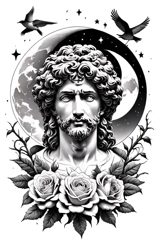 marcus aurelius and roses surrounded thorns earth sky moon stars birds make it more unqiue tattoo design idea