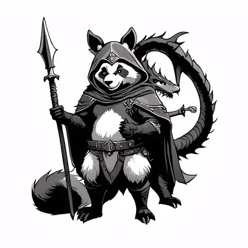 fox in medieval cap with a spear beaide a dragon in leather armor with a bow beside a panda in a hooded cape with dagger tattoo design idea