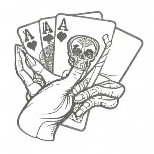 A skeleton hand holding 2 playing cards. One card is the ace of spades and the other card is the queen of hearts tattoo design idea