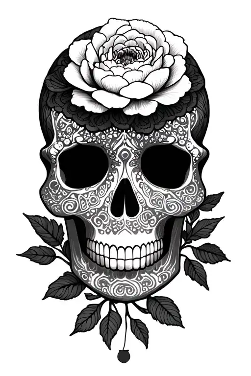 peony mandala dot skulls feminine tattoo design idea