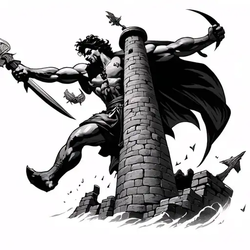 Samson taking down the tower tattoo design idea