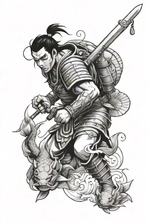 japanese gladiator with koi fish and  berserk anime symbol tattoo design idea