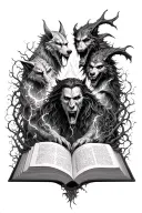 open book with magic flowing, werewolves, vampires, and vines coming out if it tattoo design idea