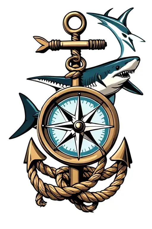 nautical compass boat anchor with rope wrapped and a shark behind  tattoo design idea