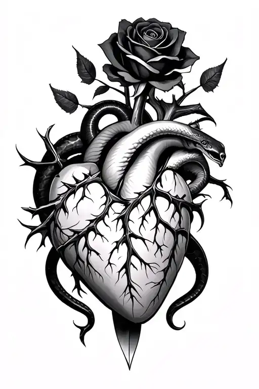 human heart ensnared by black rose with thorns both pierced by a dagger and a black mamba meandering around all of it tattoo design idea