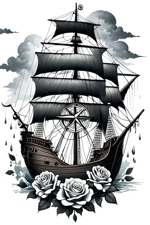 pirate ship with compass surrounded by rain cloud with roses tattoo design idea
