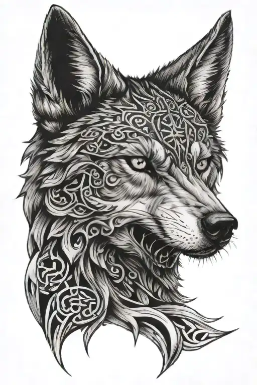 realistic angry wolf tattoo with mystic symbols around his head, celtic symblos tattoo design idea