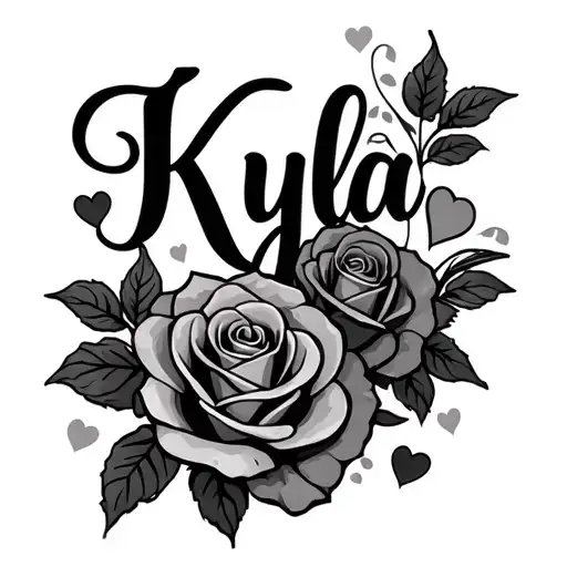 Create an artistic tattoo of the name "Kyla" with roses and hearts tattoo design idea