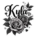 Create an artistic tattoo of the name "Kyla" with roses and hearts tattoo design idea