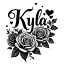 Create an artistic tattoo of the name "Kyla" with roses and hearts tattoo design idea