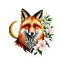 fox with crescent moon and Rhodedendron  tattoo design idea