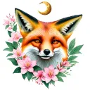 fox with crescent moon and Rhodedendron  tattoo design idea