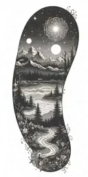 flowing waves, surrounded by a mystical forest scene,subtle elements of sacred geometry and glowing stars and light tattoo design idea