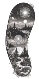 flowing waves, surrounded by a mystical forest scene,subtle elements of sacred geometry and glowing stars and light tattoo design idea