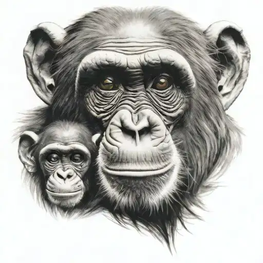 half left side of adult chimpanzee face with four right side of baby chimpanzee  tattoo design idea