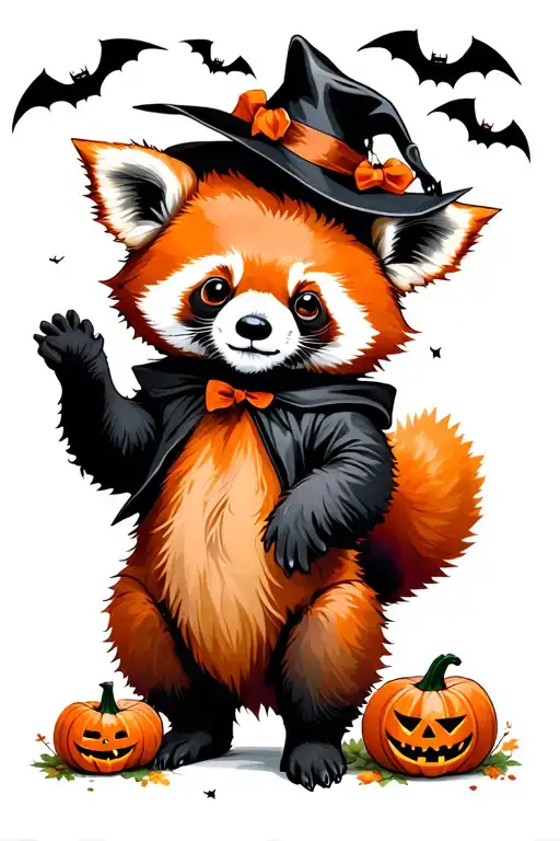 red panda dressed up for halloween with bats and pumpkins whitchs hat tattoo design idea