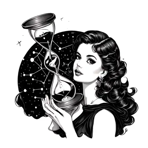 A pin-up girl holding an hourglass with constellations made from Morse code in the background tattoo design idea