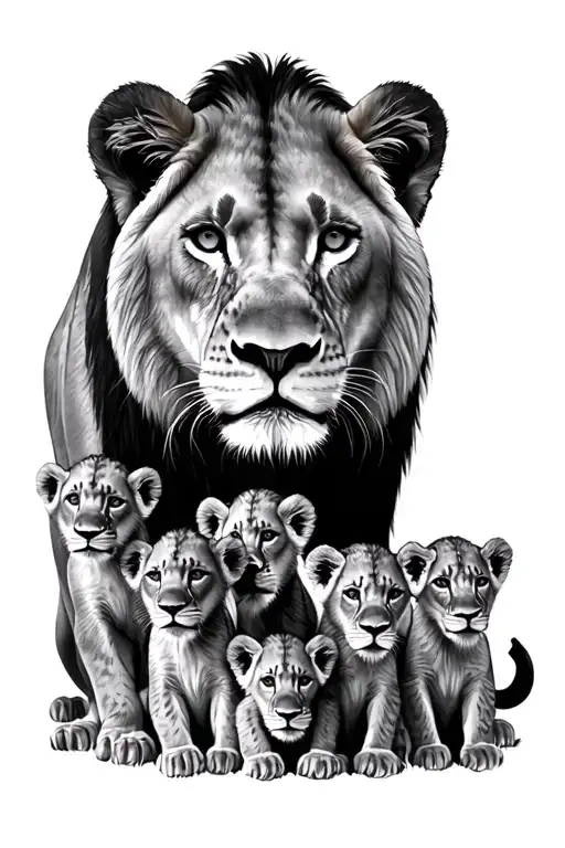 lioness with 6 cubs  tattoo design idea