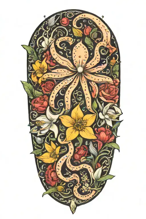 snowdrops, rose, marigold, daffodil, octopus tenticals tattoo design idea
