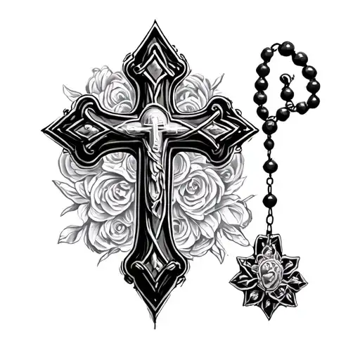 Simple,  engraved cross wrapped in a rosary tattoo design idea