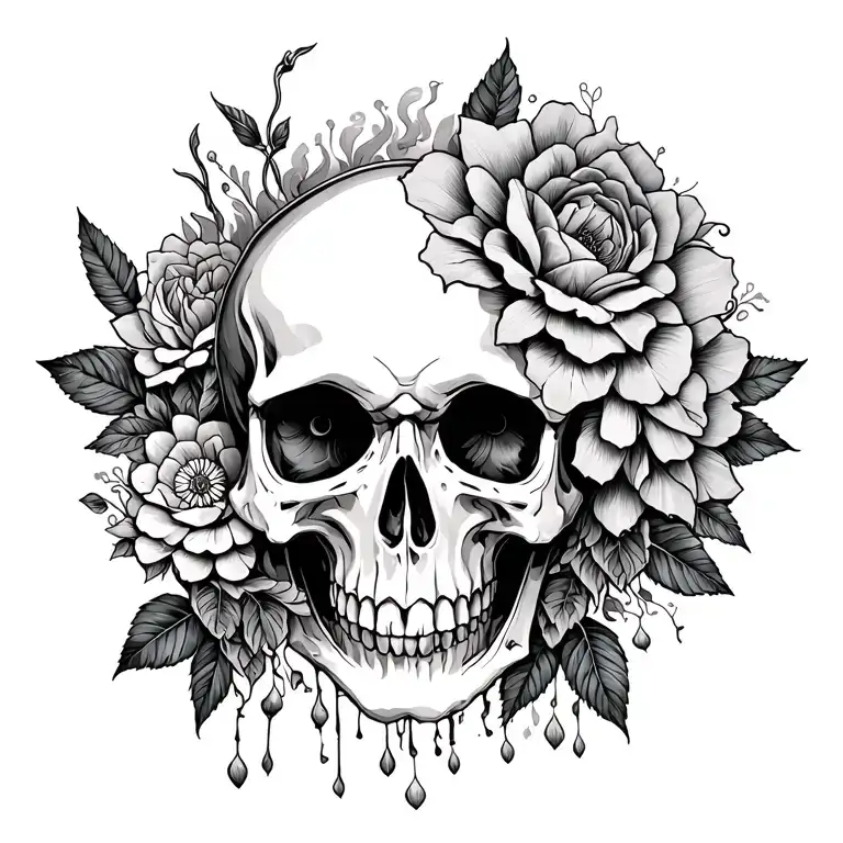 skull, grim reaper, mist, flower intertwined tattoo design idea