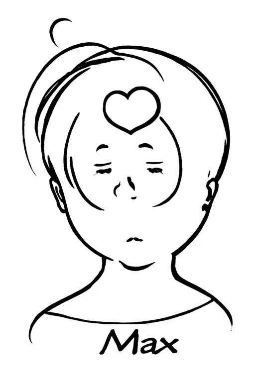 silhouette head of child boy plus add under head name Max. add a heart above the head tattoo design idea