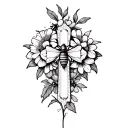 cross outline, flowers, bees and honeycomb pattern tattoo design idea