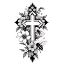cross outline, flowers, bees and honeycomb pattern tattoo design idea