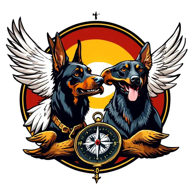 Eagle and Doberman with compass tattoo design idea