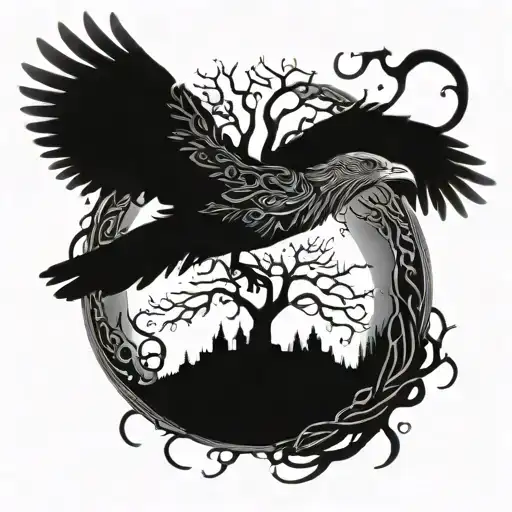 Tentacles and the Tree on which the Raven with Outstretched Wings tattoo design idea