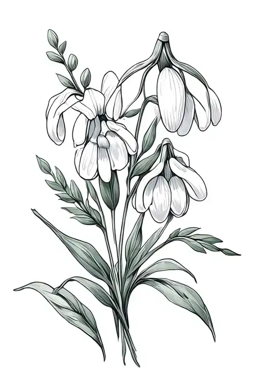 carnation snowdrops primaries iris daffodils Lilly of the valley hawthorn honeysuckles marigolds tattoo design idea