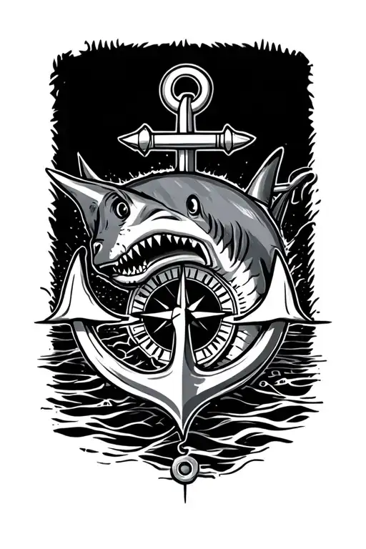 boat anchor and compass shark emerging tattoo design idea